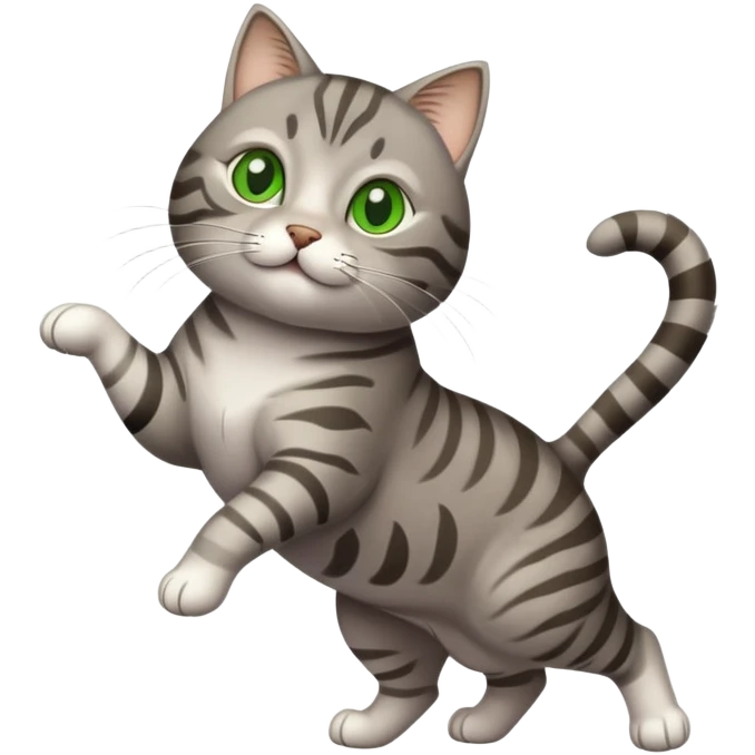 Slightly chubby Gray tabby cat with green eyes prancing emoji