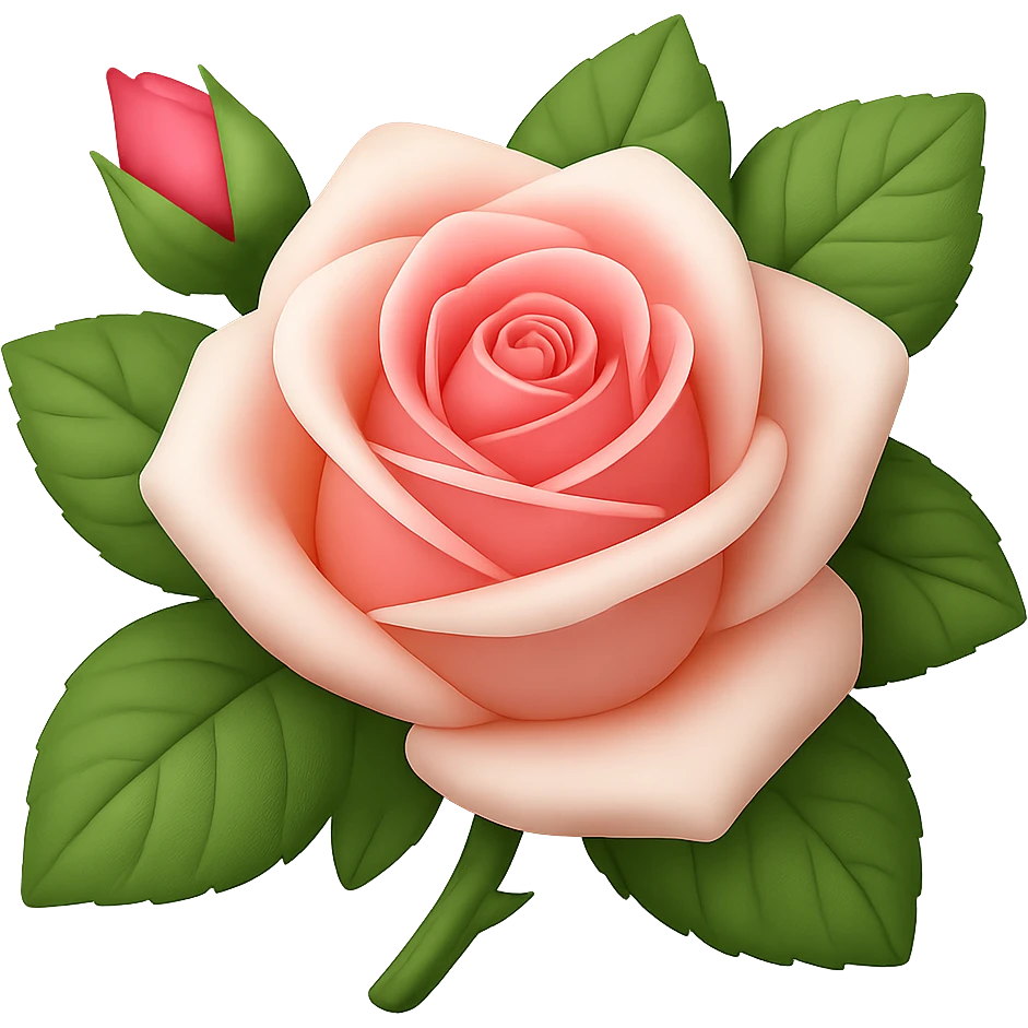Create a square 3D illustration of a white and pink rose with buds and leaves in the style of iOS Apple emoji, featuring voluminous petals, on a transparent background. The style should mimic the detailed, smooth, and vibrant look of Apple emojis with a 3D effect and shading to emphasize depth and volume. emoji