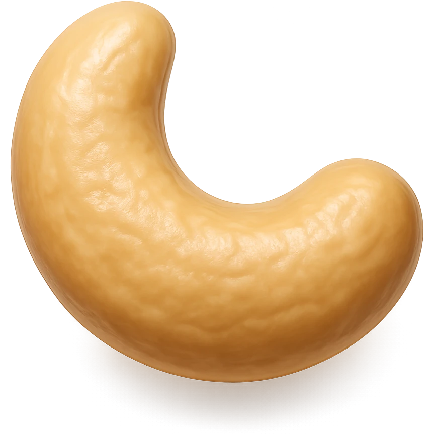 Show only a single cashew nut in a realistic crescent shape with a smooth, slightly wrinkled beige or light tan texture. The cashew should appear glossy and slightly roasted with a soft sheen, placed on a pure white background. The style should resemble 3D emoji style with realistic details. emoji