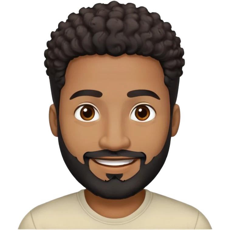 Caribbean man in his early 40s with medium brown complexion. Round friendly face. Energetic expression with wide smile. Cheerful dark eyes. Thick eyebrows. Wide nose. Well-groomed full black beard. Short curly black hair with faded sides. Wearing a cream colored casual shirt. emoji
