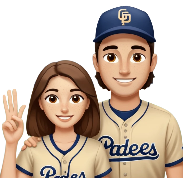 *White* Smiling couple. Woman has big cheeks and a lot of freckles on the nose. long brown hair. Man has black and very short hair and prominent eyebrows with egipcian nose. Both are wearing “Los Padres” baseball jerseys and with a sign that says “Go Padres!” emoji