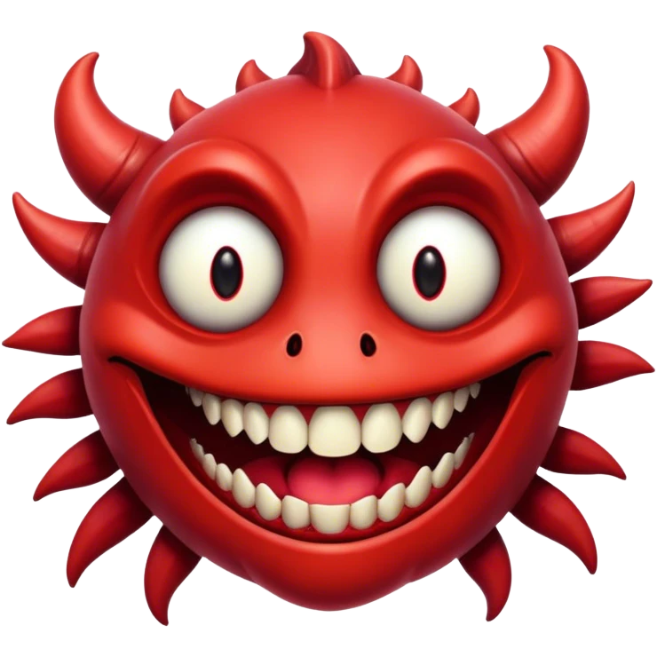 Creature comes out of the eye of a creature who has red skin and a wide smile with long teeth emoji