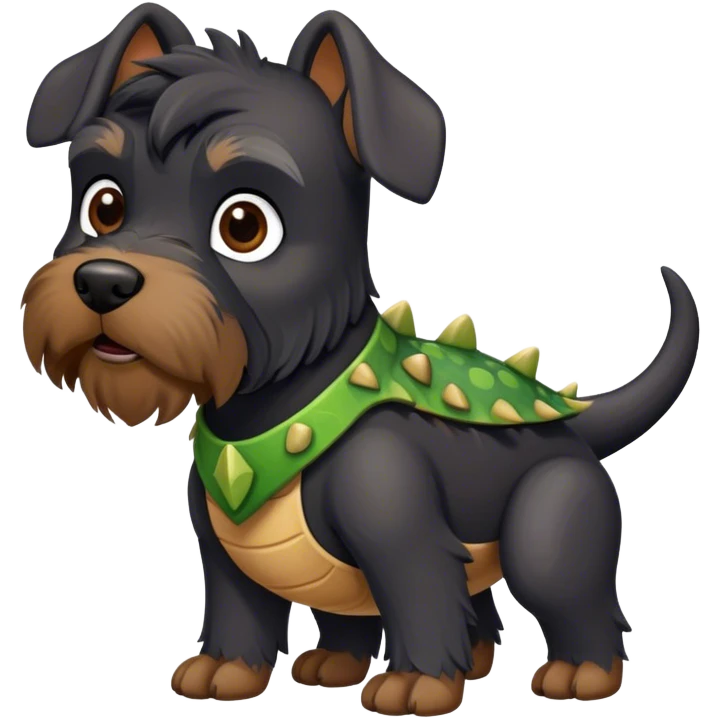 Black schnauzer wearing a costume of dinosaurious emoji