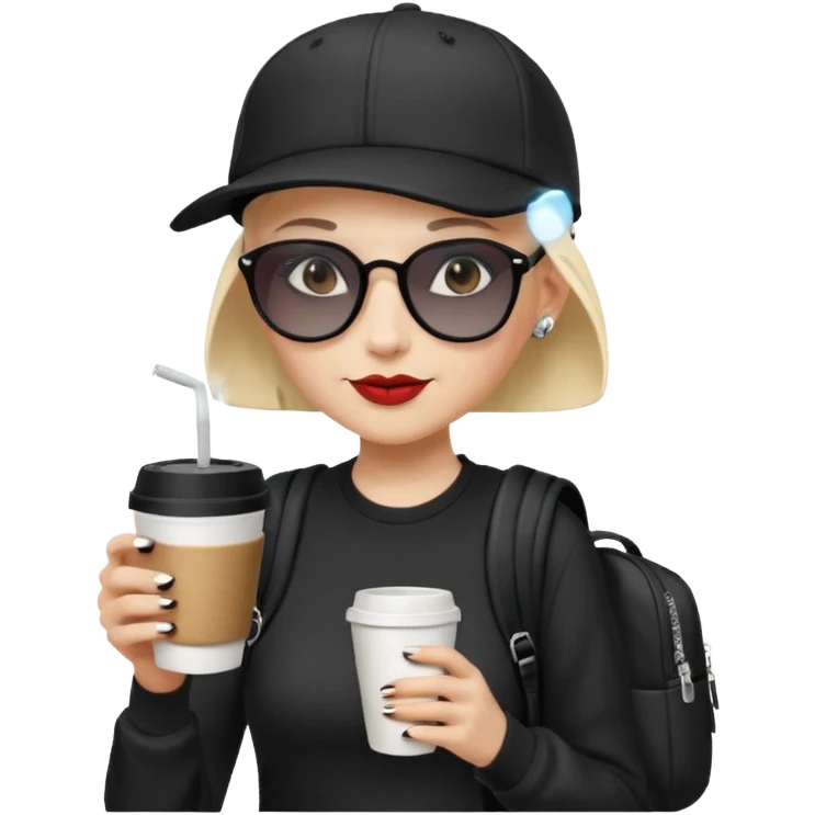 ["A happy woman with light skin, bald, wearing a baseball cap and sunglasses, dressed in goth fashion, is drinking coffee while holding a backpack."] emoji