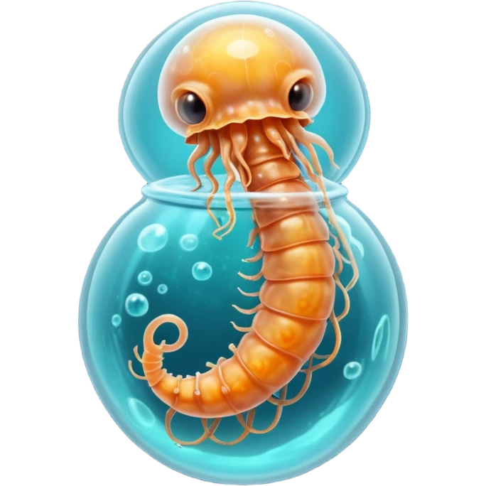 MRI parasitic embryo, digital, fetal small shape in otherworldly bubble, eerie, horror, pupa, crystalis, in-utero, sea-life, crustaceanoid, photorealismm siphonophore, polyp, Cnidaria emoji