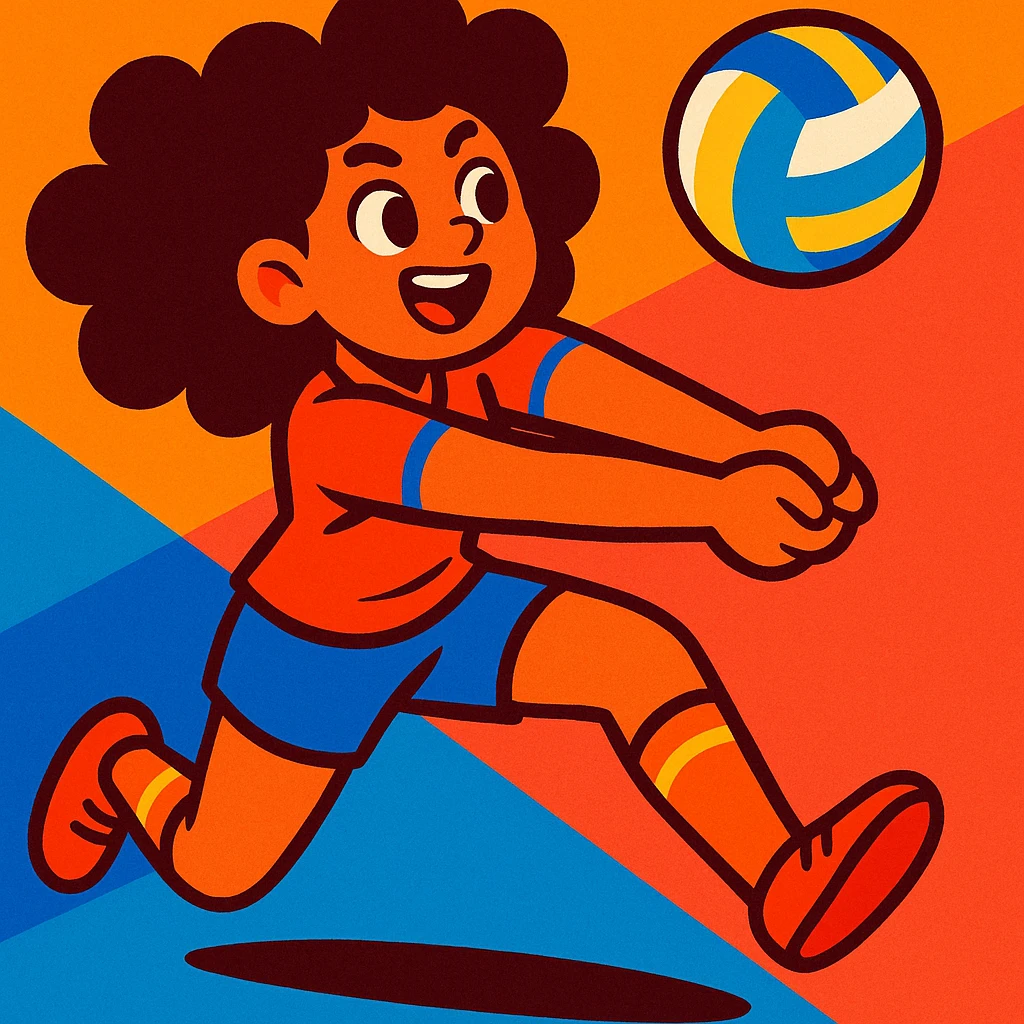 curly haired girl playing volleyball, energetic, action pose, vibrant colors emoji