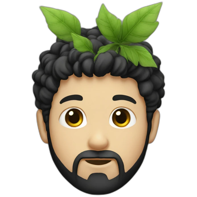 white boy with black hair and a beard, and a plant emoji