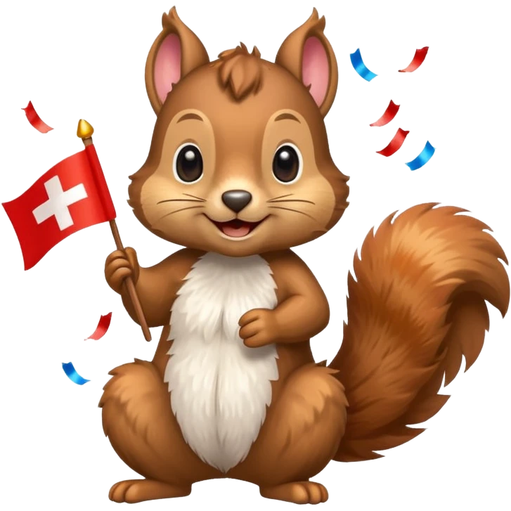 happy squirrel with a Swiss flag and colorful confetti, emoji style emoji