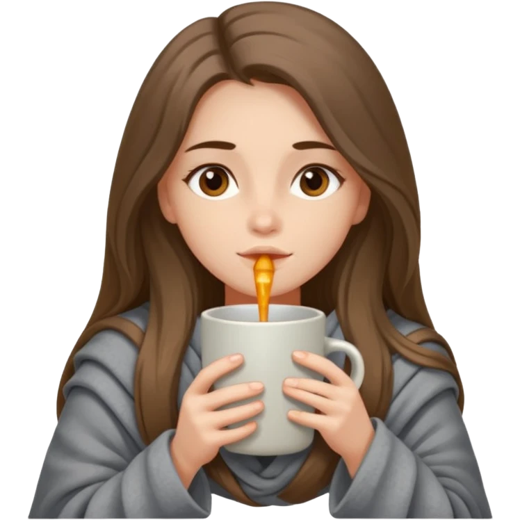 Brown-eyed, fair-skinned girl with long hair down to her shoulders, wrapped in a gray blanket, drinking from a New Year's mug emoji