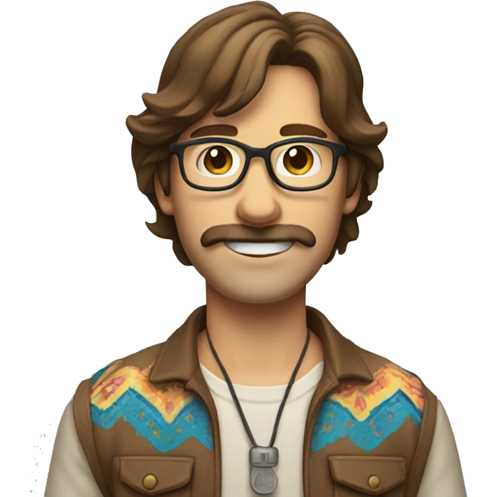 thin guy with shoulder length brown hair and mustache and smile and glasses wearing hippie clothes emoji