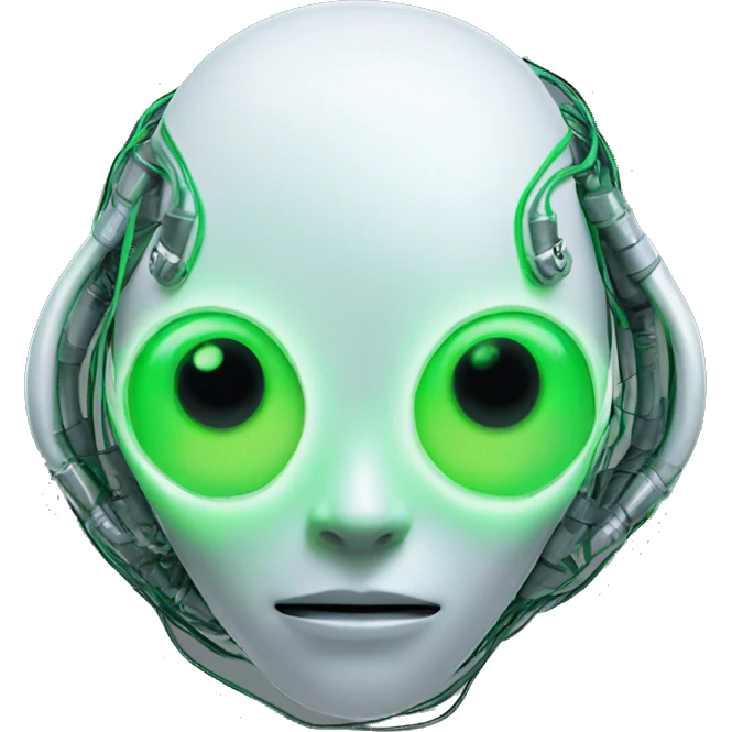Round Alien cyborg head with glowing wires and green eyes  emoji