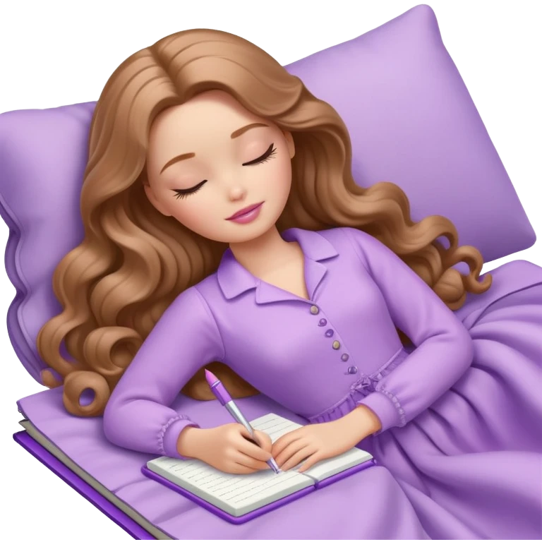 White Barbie girl Chestnut long wavy hair sleeping with In lavender clothes, he writes in a notebook emoji