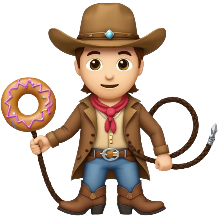 donut dressed as a cowboy with a hat boots and a lasso, fun emoji style emoji
