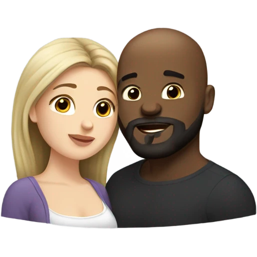 Curvy White brunette kissing muscular black bald man with beard emoji