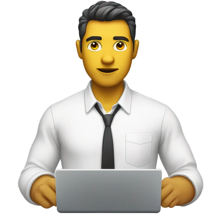 yellow skin man typing on white keyboard on desk wearing white button down shirt front view emoji