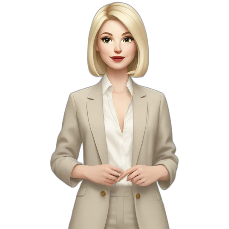 pale skin woman with ash blonde Straightened bob Hair, White Spacious classical jacket, beige palazzo Arrow pants and gray blouse holding a color palettes in the hands emoji