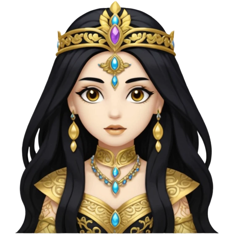 Akasha with white skin, brown eyes, black long hair, gold outfit emoji
