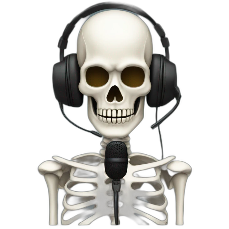 Skeleton mask with a long black mask underneath it and headset with a microphone emoji