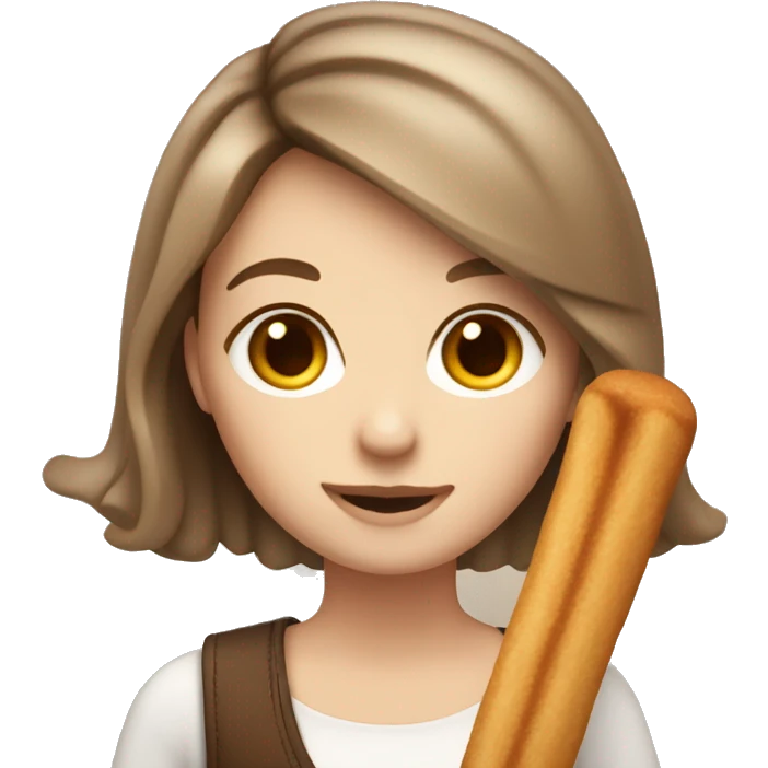Cute white woman with brown medium length hair holding a churro emoji