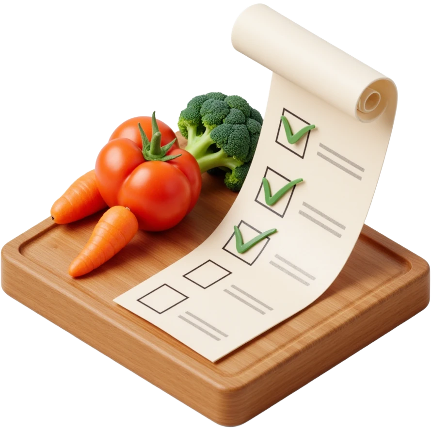 carrot tomato brocoli on the wooden cutting board with floating rolled paper list with checkbox emoji