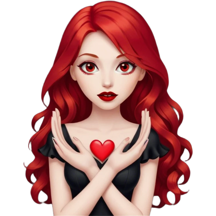 a pretty woman with long red hair and red eyes. The woman wear a black little cutted dress. She have red lipstick and she have a seductive look. She do a heart sign with hand emoji