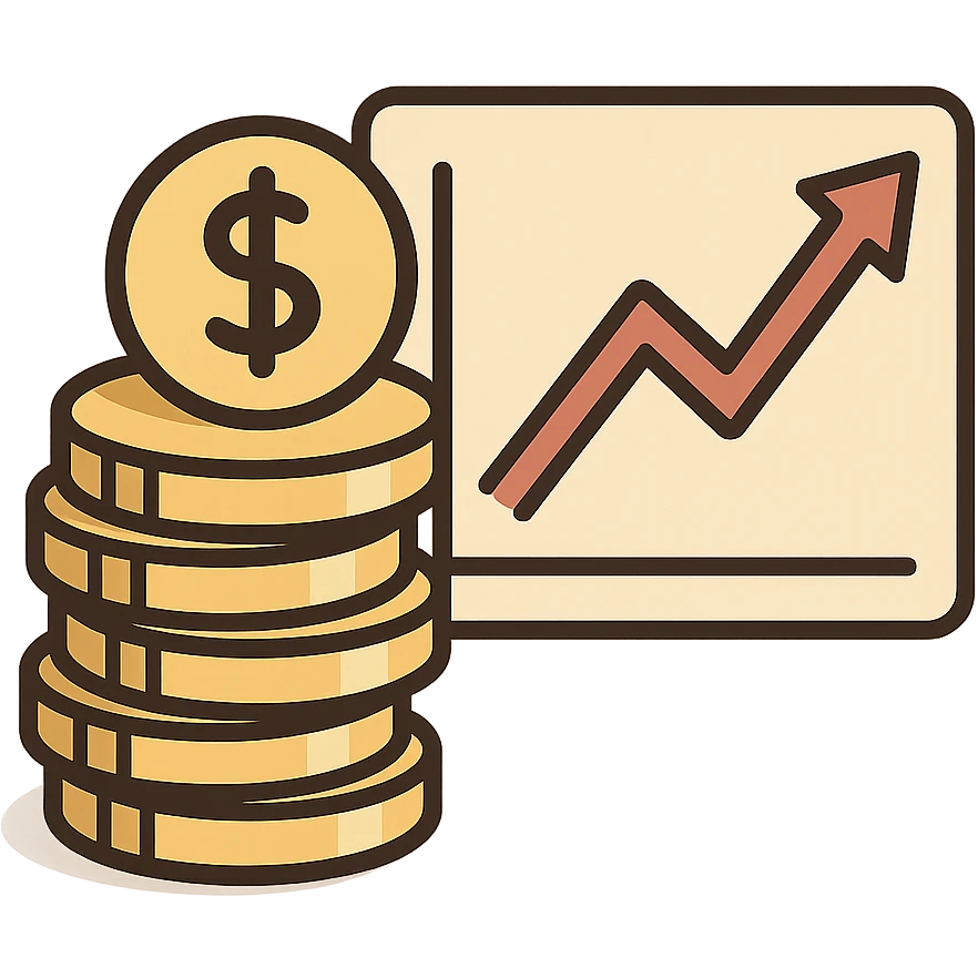 cartoon style icon for economy, showing a stack of coins and a rising chart emoji