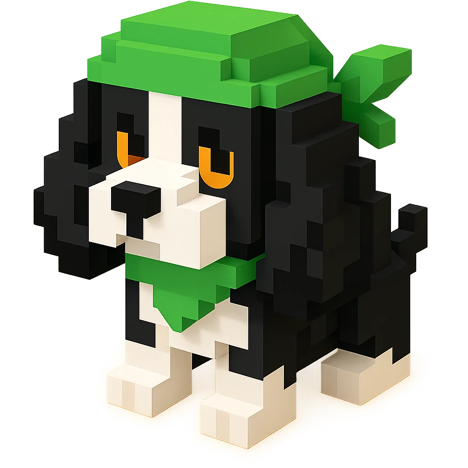 A black and white Russian Cocker Spaniel puppy wearing a green durag, voxel style, standing emoji