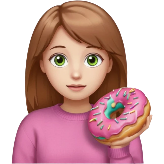 Девушка с русыми волосами и коричне- зелёными глазами и в розовой кофте где нарисованы пончики emoji
