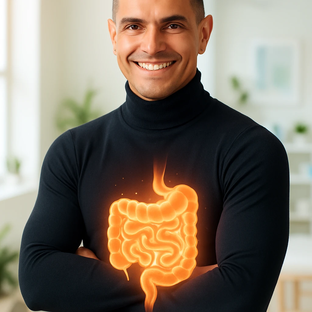 Create a semi-realistic, wellness-themed image of a healthy and fit 30-year-old man inspired by the reference image. Show a glowing stylized visualization of a healthy intestine over his abdominal area. The gut should appear vibrant, clean, well-shaped, and semi-transparent to reveal a clean digestive tract. The man smiles confidently, radiating energy and balance. The background is a bright minimalistic health clinic with soft natural lighting, conveying a positive and vibrant atmosphere. emoji