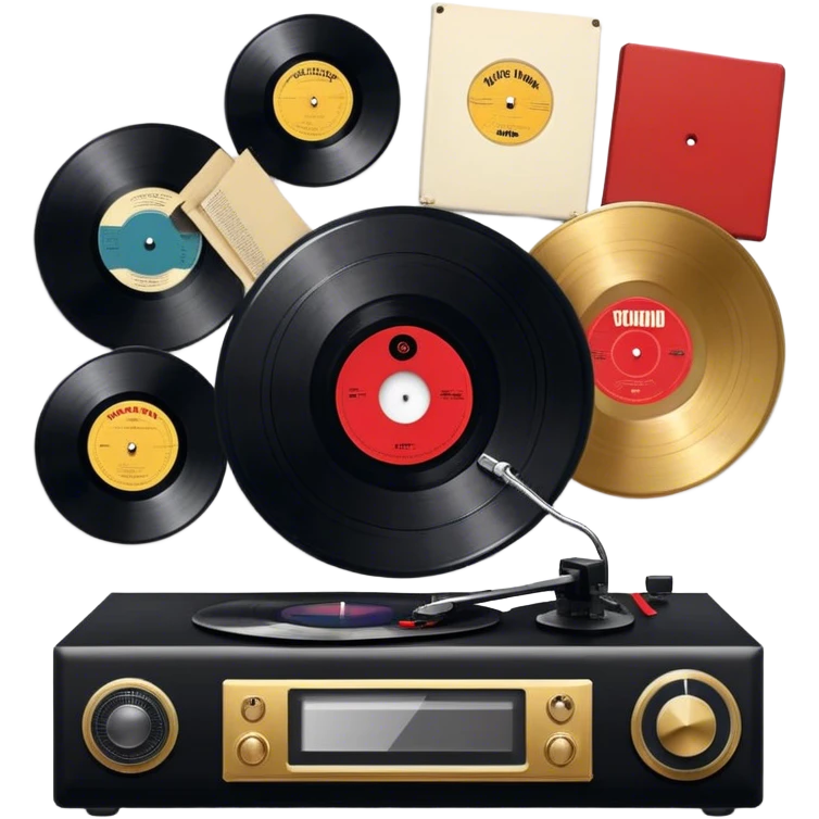 Icon for Vinyl Record Collecting: large black, golden and red vinyl records in decorative packaging featuring artist images, neatly arranged on a wall or shelf, modern vinyl record player. The icon should reflect the aesthetic and artistic aspect of collecting vinyl records. Transparent background. emoji