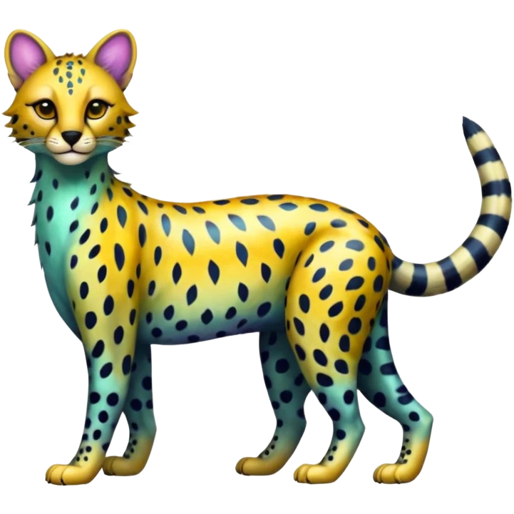 Colorful iridescent shiny Leopard-Cheetah-Serval-Civet-Trico-Sergal-Vernid-fusion-hybrid-animal-creature, dull body emoji