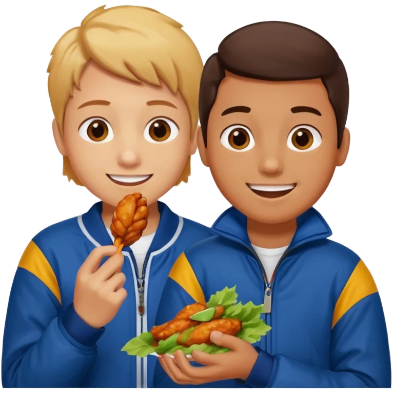 Human eating a chicken wing while watching hockey wearing a jacket with his friend smiling beside him. emoji