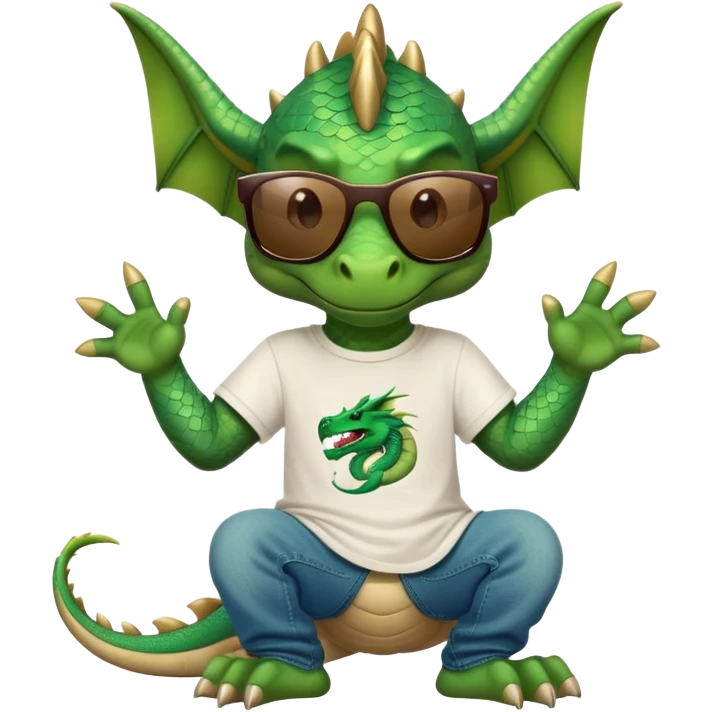 friendly anthropomorphised dragon in a hip-hop t-shirt and jeans with dark sunglasses, relaxed pose emoji