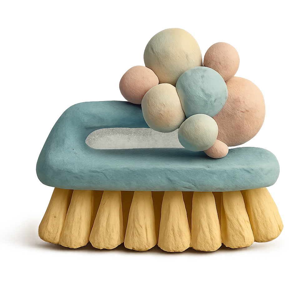 cleaning brush with soap bubbles, pastel palette, visible clay texture in claymation style emoji