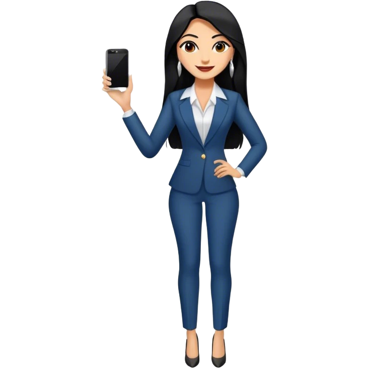 beautiful fit tall woman boss, with long straight black hair, with make up, black eye liner, smile, mexican, brown skin, wearing beautiful profesional outfit and white earings, full body emoji