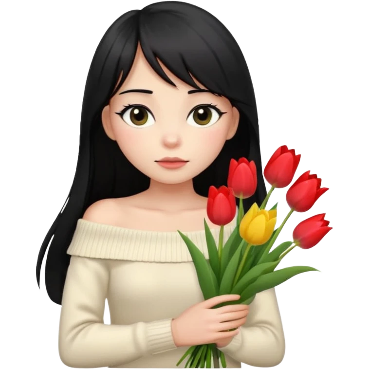 a girl with long black hair, thin bangs, black eyes, wearing a cream off-shoulder sweater, holding a bouquet of tulips, emoji style, looking shy emoji
