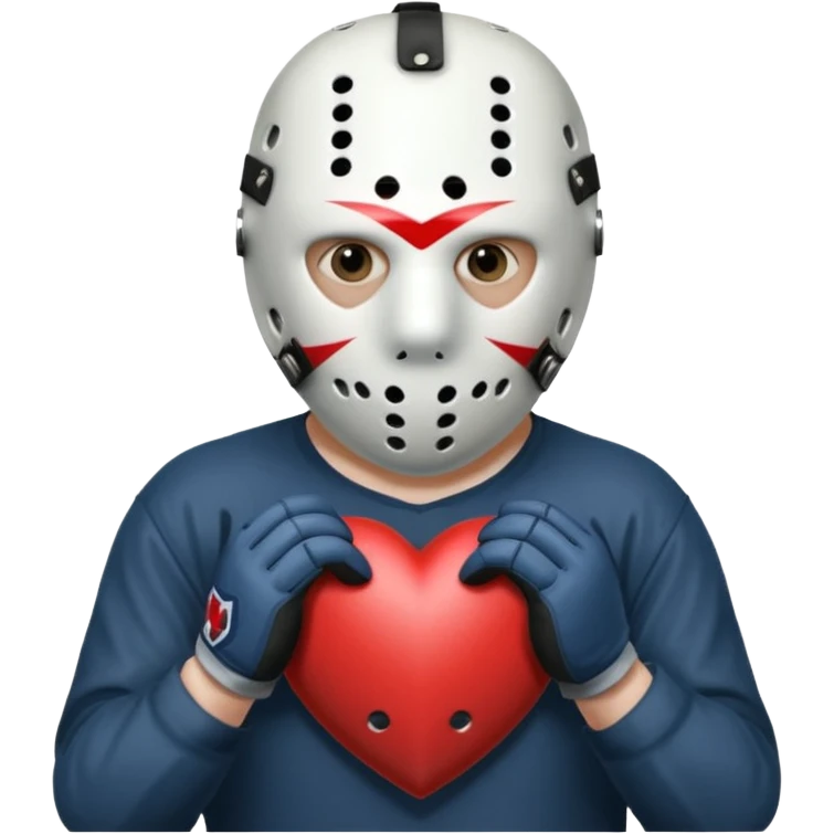 Jason Voorhees, looking cute, making a heart with his hands emoji
