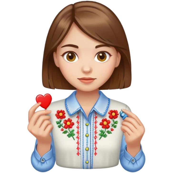 Ukrainian girl with brown hair in an embroidered shirt and a magnet emoji