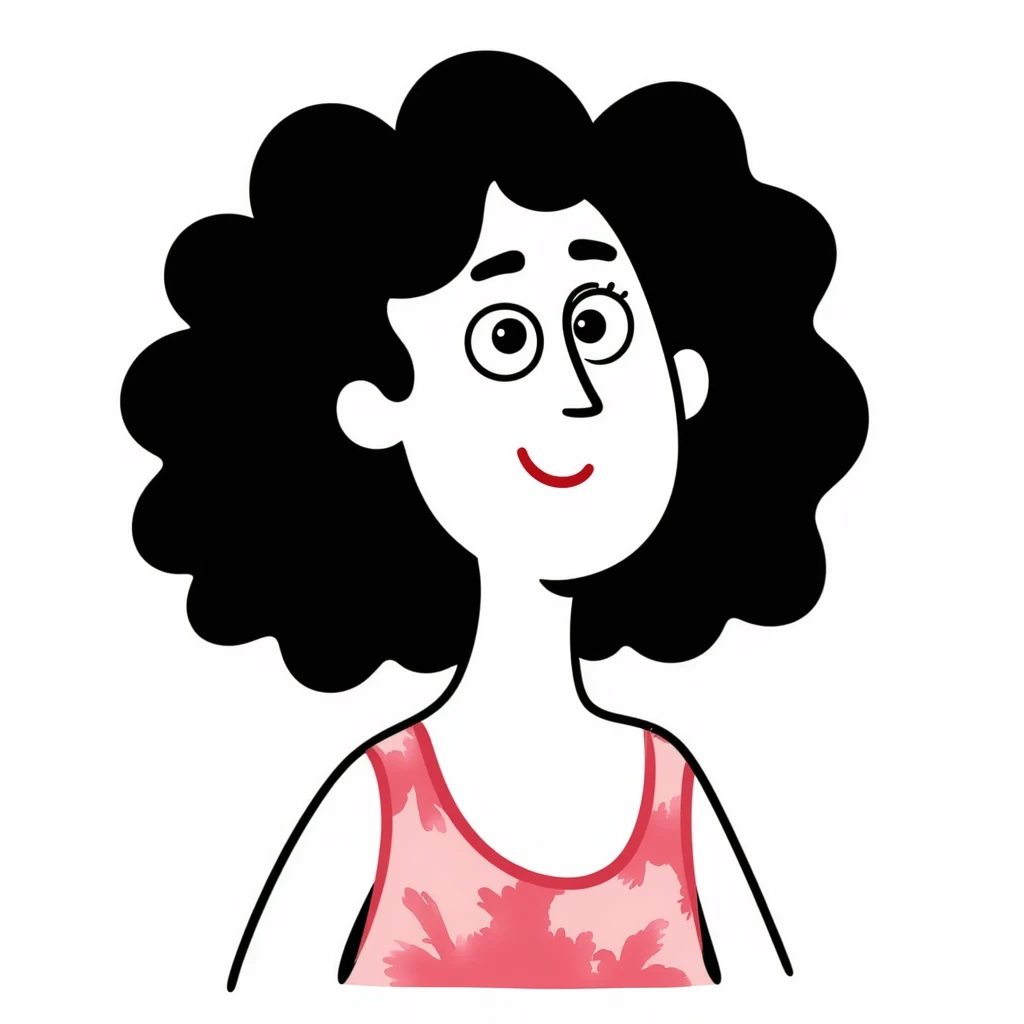 Woman in her 30s with clear skin, elongated face, soft cheeks, large expressive brown eyes, natural eyebrows, defined nose, full lips with soft red lipstick, abundant dark brown curly hair, wearing pink tie-dye tank top emoji
