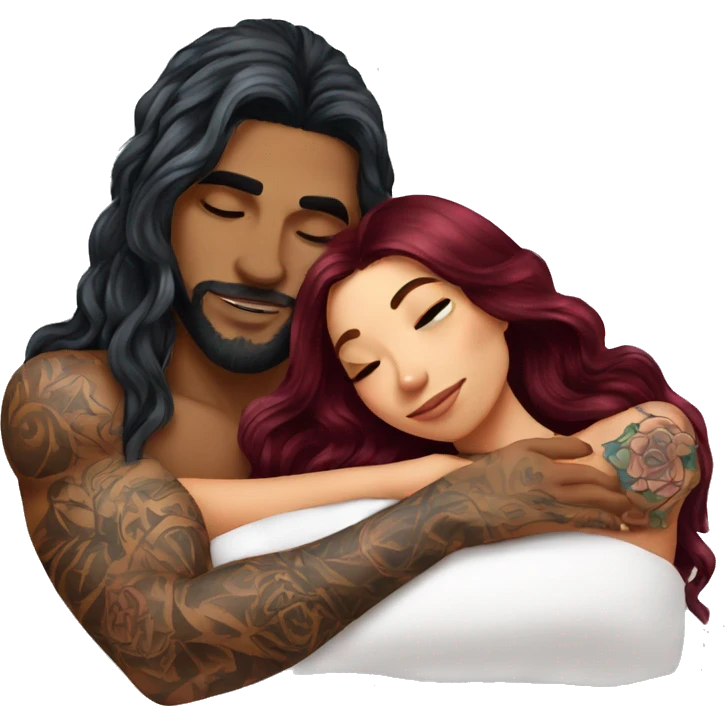 Beautiful tattooed burgundy long haired woman laying on the boyfriends chest emoji