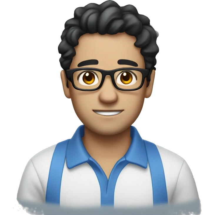 
Emoji of a man with glasses, with messy black hair and no beard, very white skin and a thick build, wearing a blue polo shirt emoji