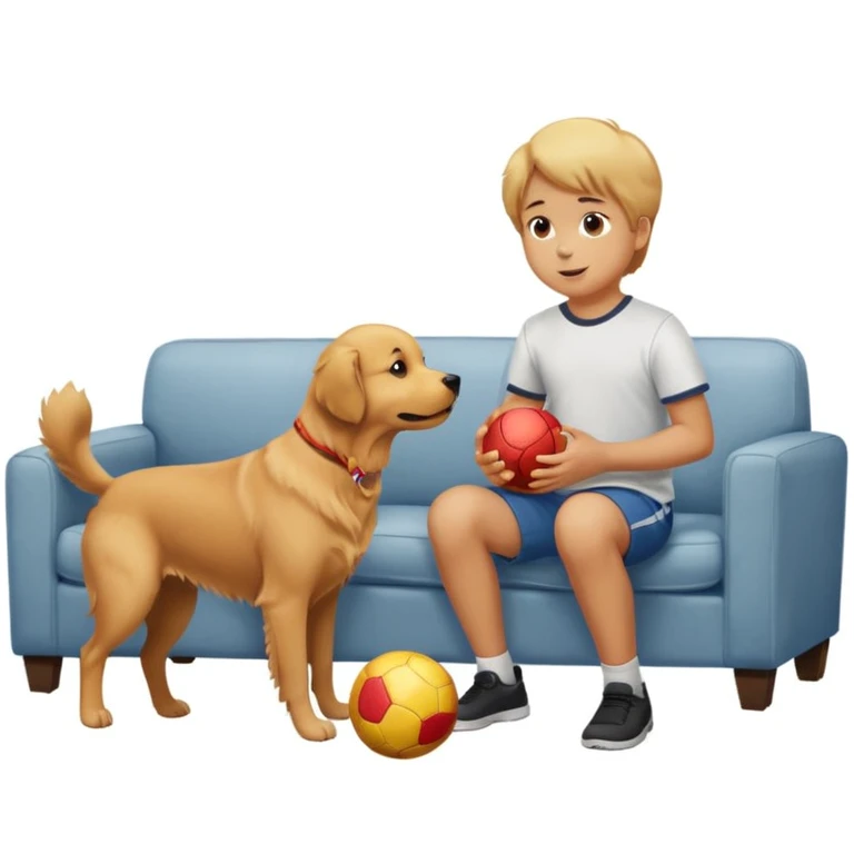 kid and dog playing with ball, living room background emoji