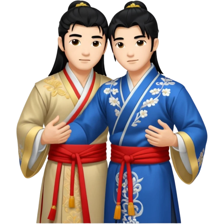 two muscled asian guys hugging in hanfu clothes, long hair emoji