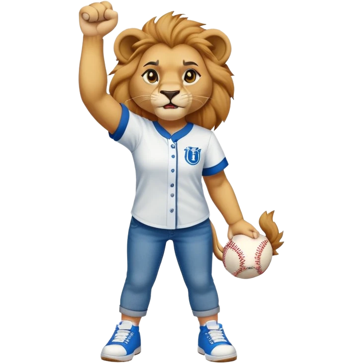 confident anthropomorphised female lion wearing baseball shirt, jeans, trainers, raising a fist in the air, angry expression, no sunglasses emoji