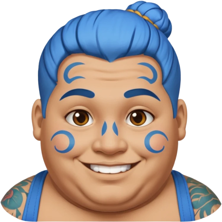  and blue hairobese man with lots of face tattoo and blue hair bun emoji