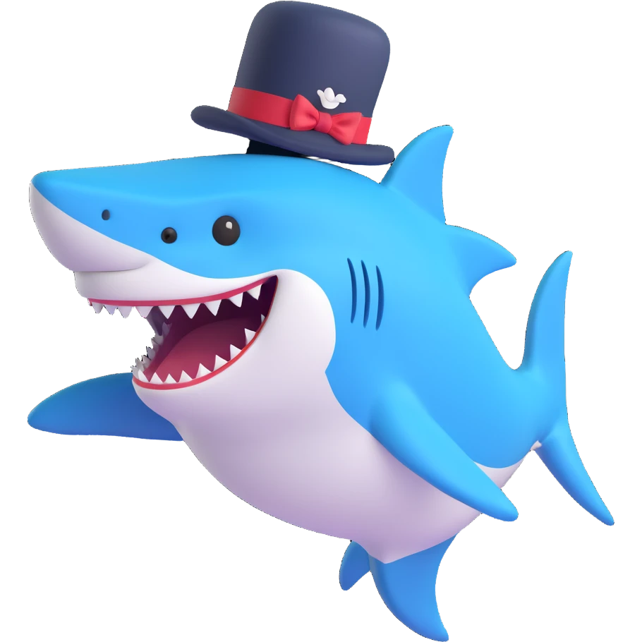 playful and charming shark wearing a top hat emoji