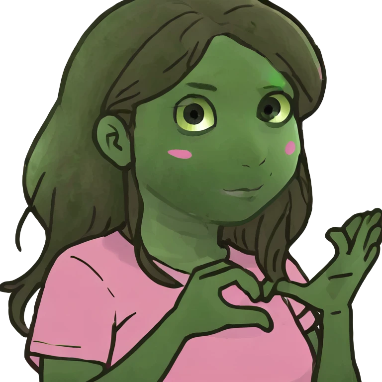 white girl with long brown hair wearing a pink shirt making a heart with her hands  emoji
