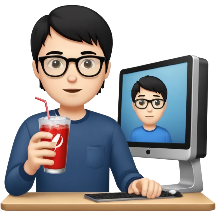 Hombre blanco con gafas, pelo negro tomando un refresco frente a un ordenador con ropa de sport emoji