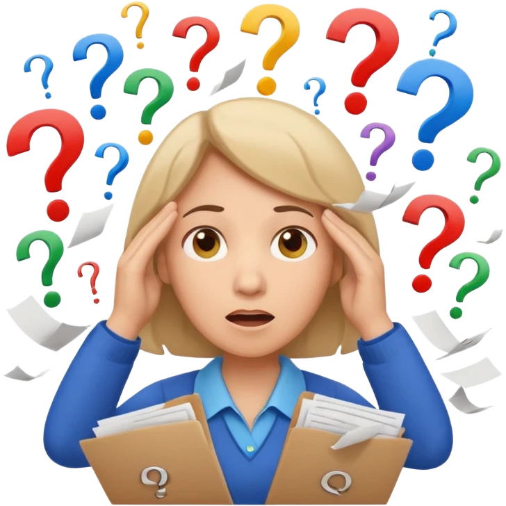A kindergardenteacher with an overwhelmed expression, surrounded by flying papers and three question marks. emoji