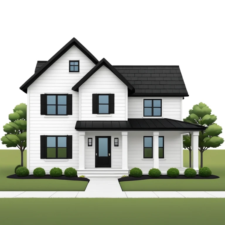 modern farmhouse with white siding, black roof and black trim, exterior view, 3d emoji